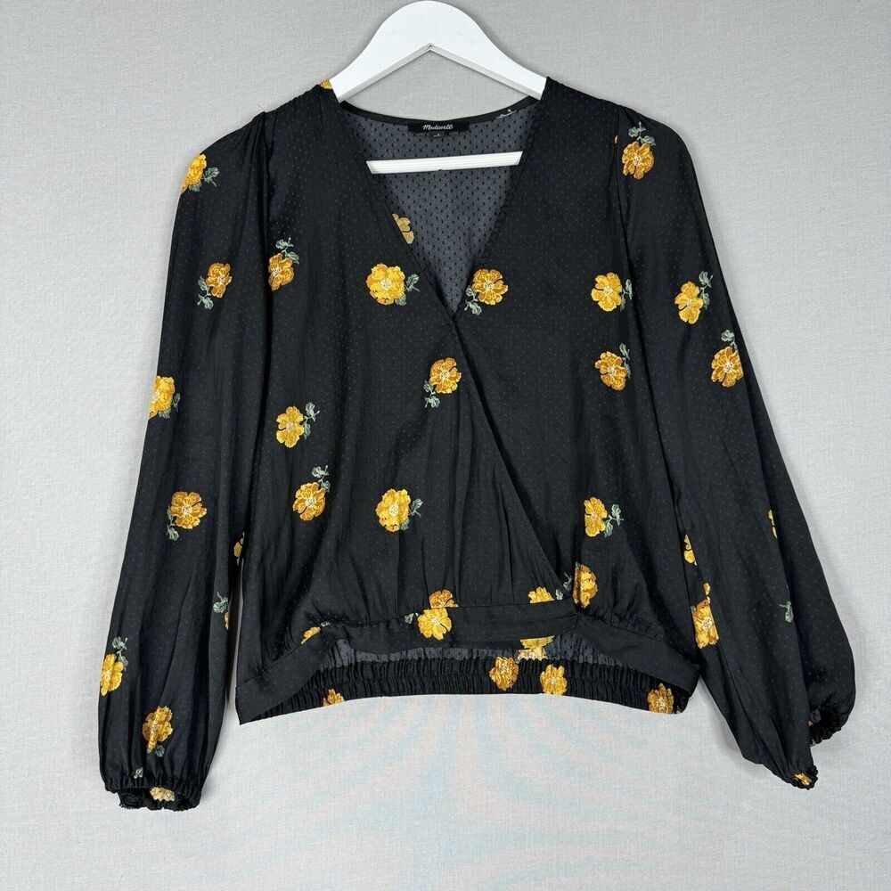Madewell Womens Top Small Black Satin Floral Blouse Polka Dot Cottagecore Boho